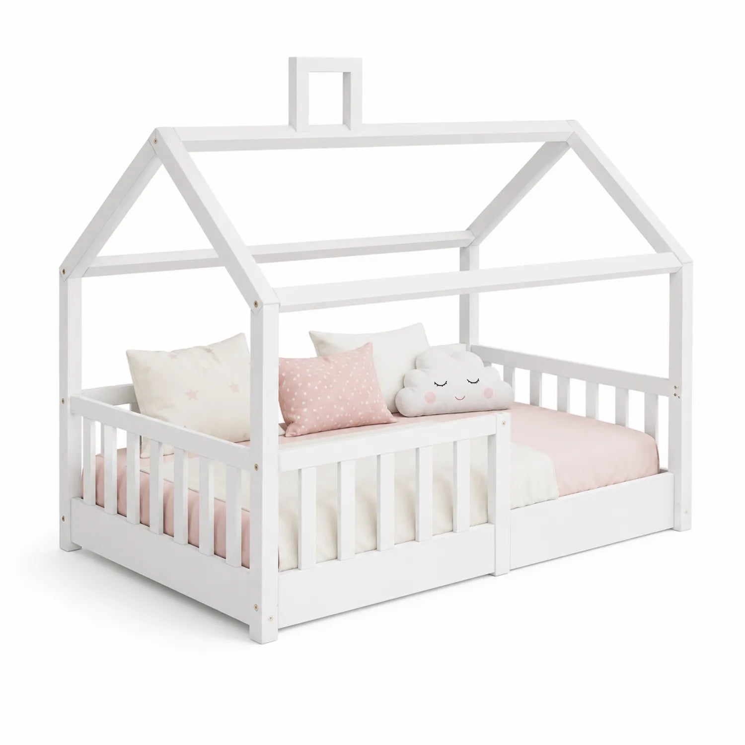 Drewniane łóżko dziecięce domek 90 cm x 200 cm lite drewno sosnowe barierki stelaż listwowy biały