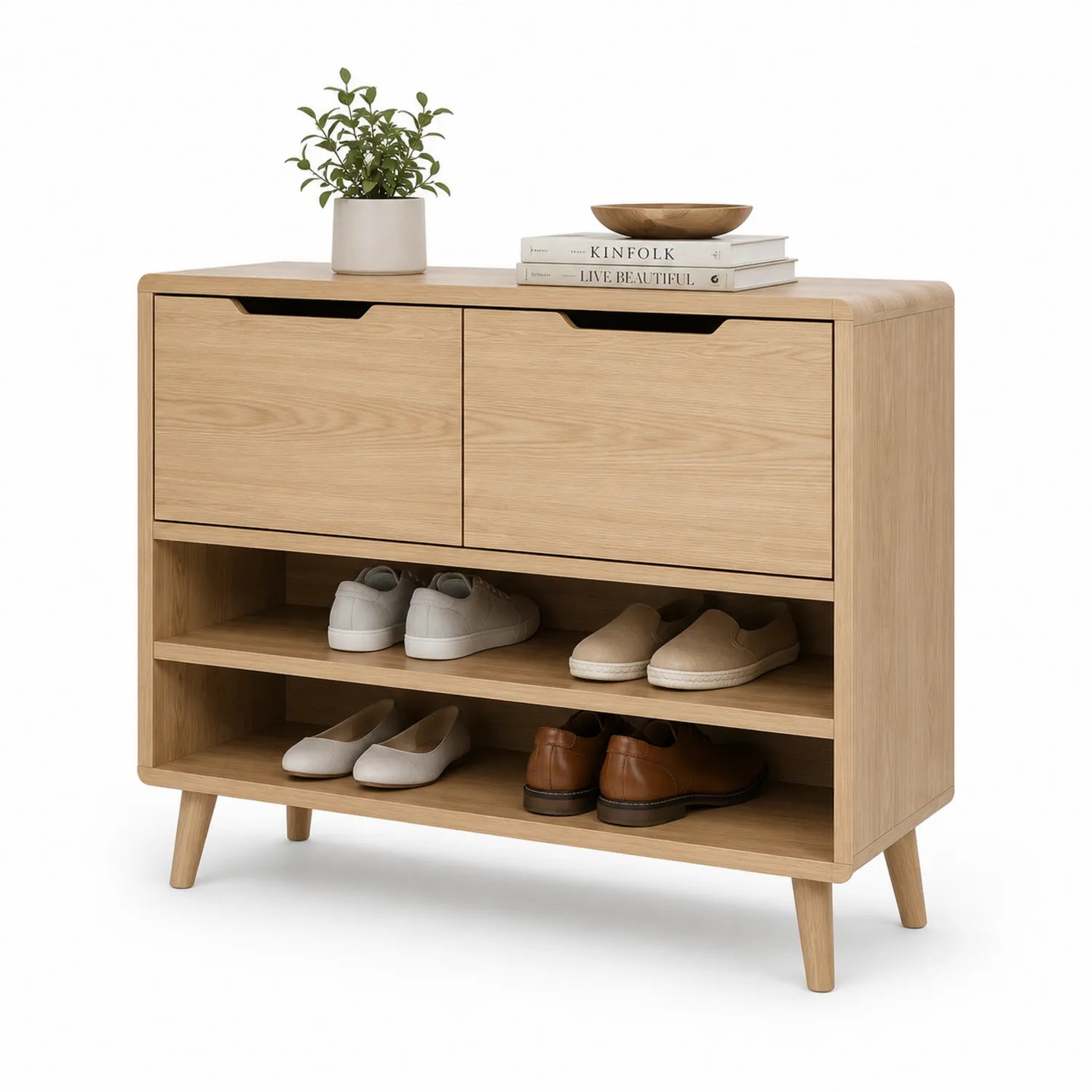 Szafka na buty prostokątna 100 x 30 x 90 cm z płyty MDF w kolorze dębu naturalnego z dwiema klapami uchylnymi