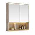 Szafka łazienkowa z lustrem LED 60 x 70 x 15 cm MDF beżowa złote detale nowoczesna