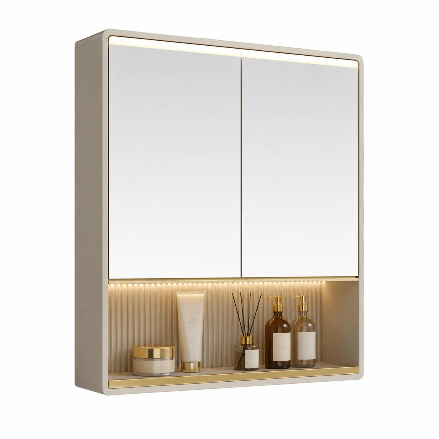 Szafka łazienkowa z lustrem LED 60 x 70 x 15 cm MDF beżowa złote detale nowoczesna