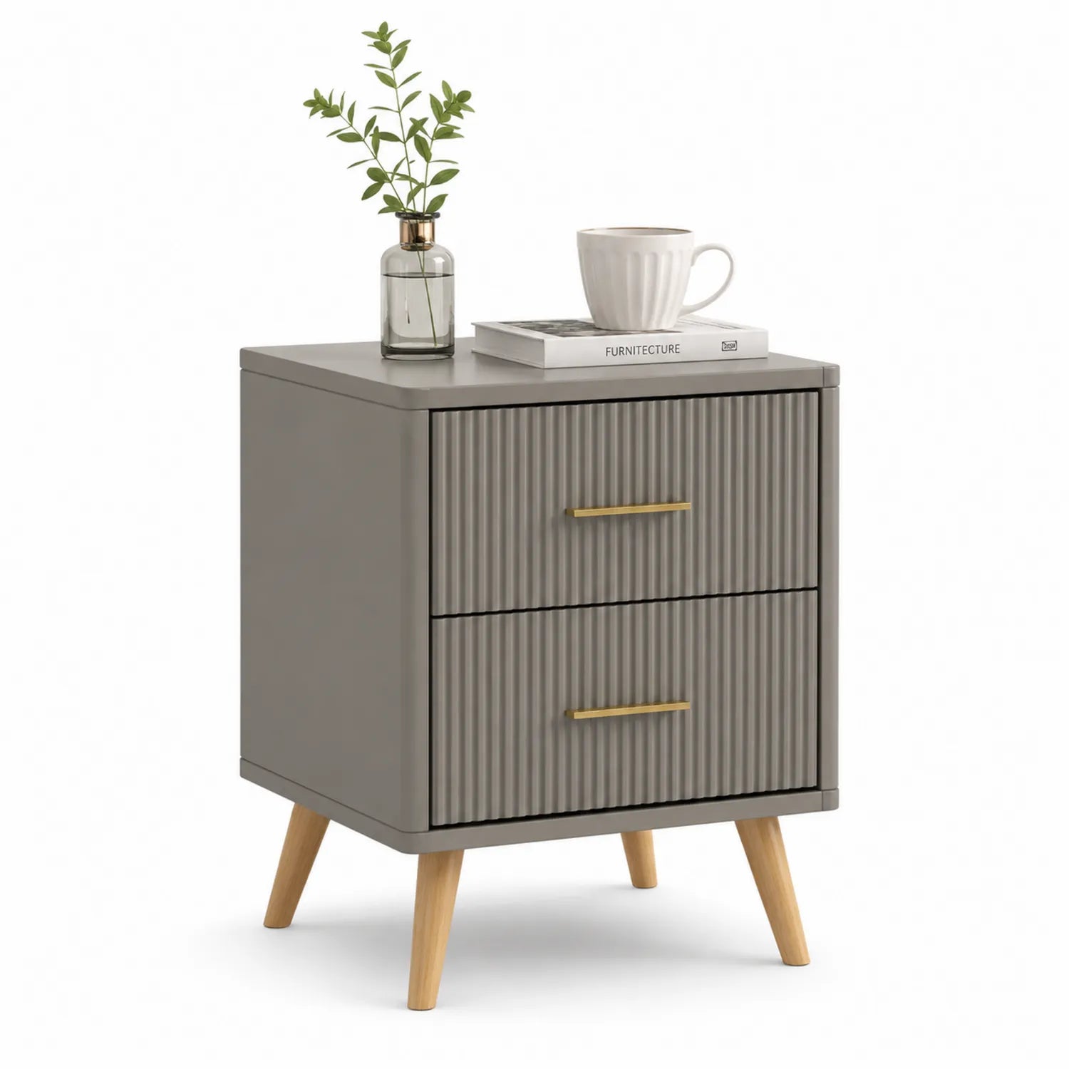 Szafka nocna 45 x 40 x 55 cm MDF laminowana ryflowany front szara z dwiema szufladami nogi drewniane złote uchwyty