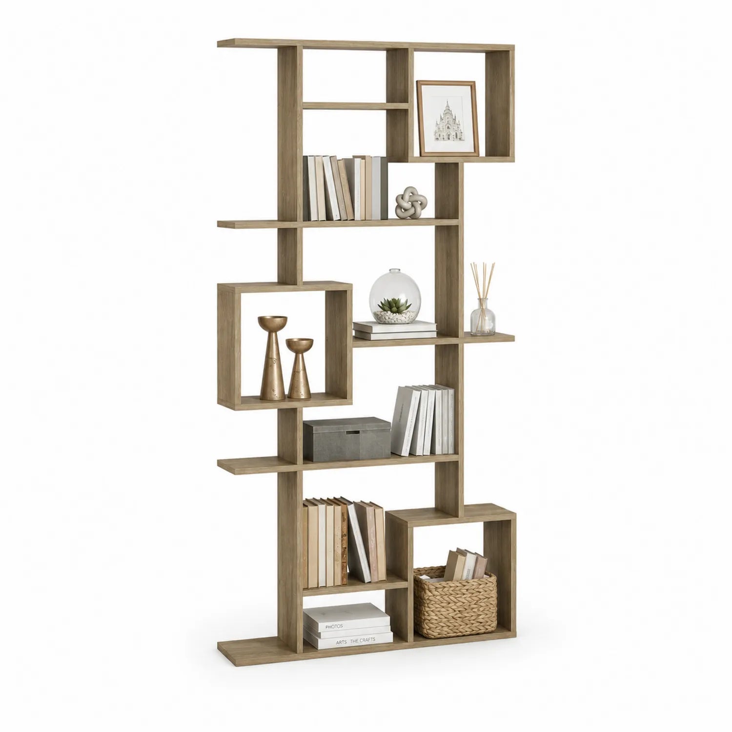 Regał otwarty 180 cm x 80 cm x 30 cm MDF laminowany dąb naturalny asymetryczne półki