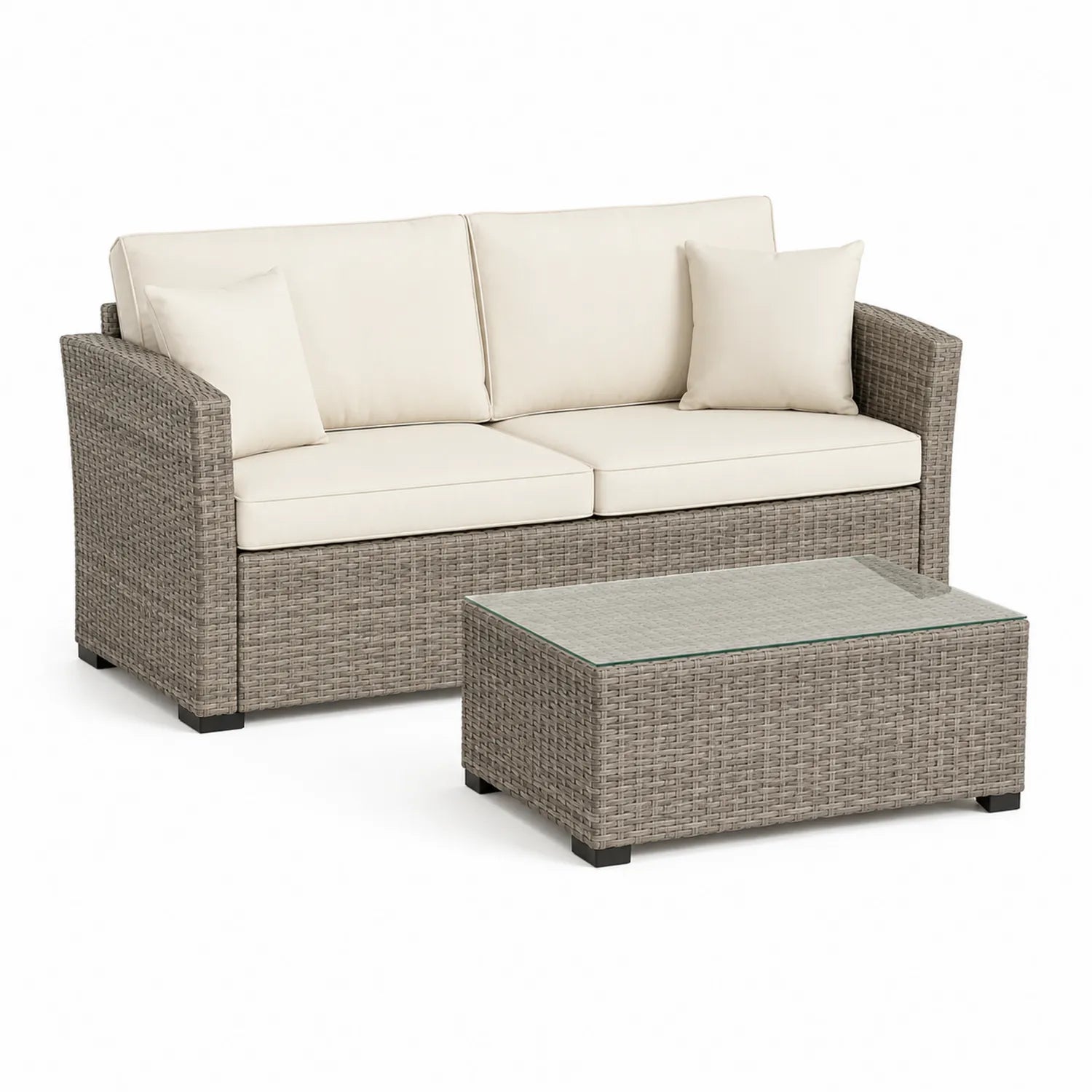 Zestaw mebli ogrodowych sofa dwuosobowa z stolikiem kawowym technorattan aluminium beżowo szary