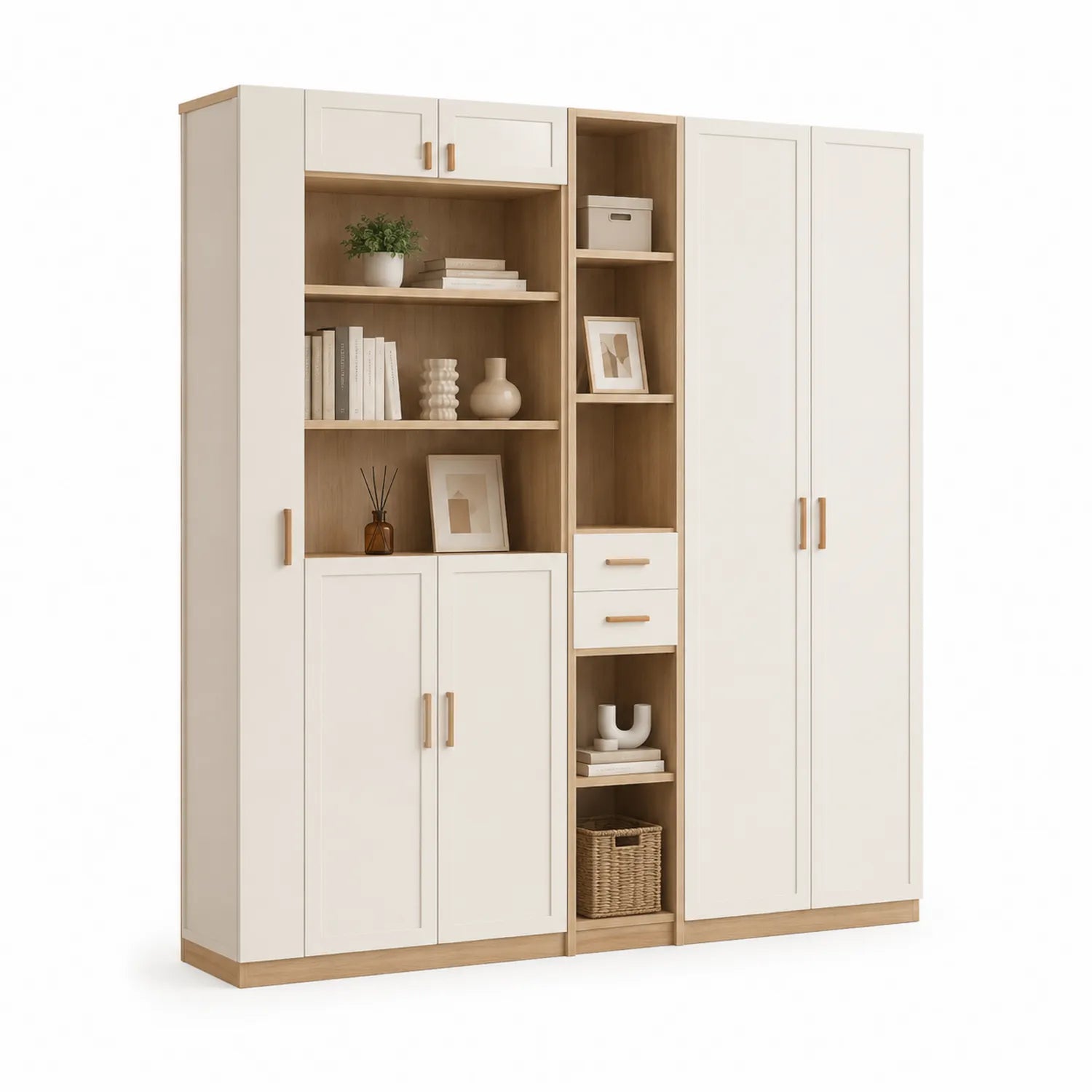 Kredens modułowy 240 cm x 40 cm x 200 cm MDF laminowany biały beżowy dąb jasny szafka stojąca z półkami szufladami i drzwiami