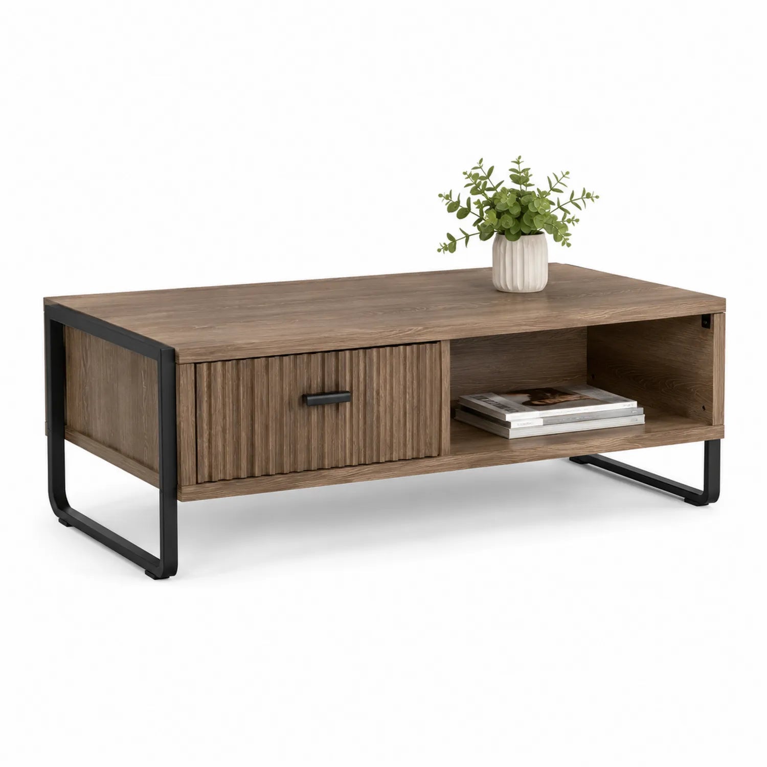 Stolik kawowy 110 cm x 60 cm x 45 cm MDF fornir drewno brązowy czarny metalowa rama z szufladą i półką