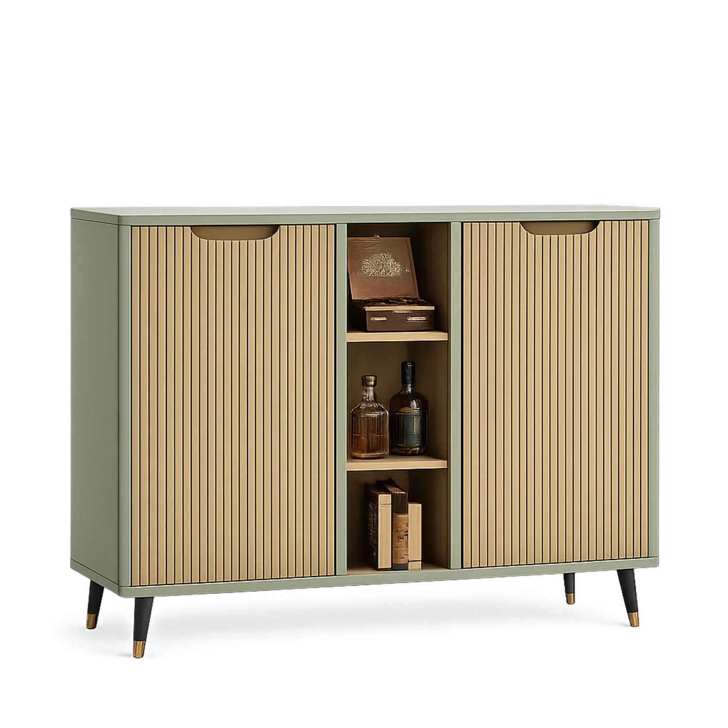 Kredens prostokątny 160 x 40 x 85 cm z MDF zielony z ryflowanymi frontami drewnopodobnymi i czarnymi metalowymi nogami