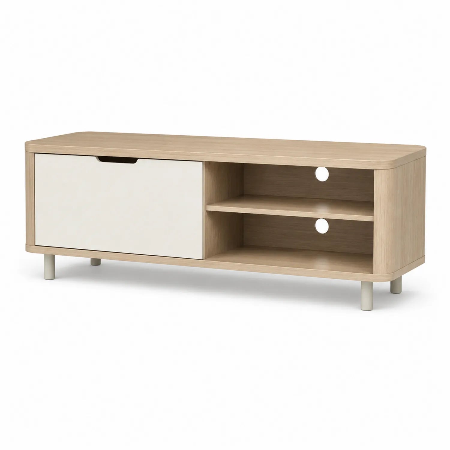 Szafka RTV 160 x 40 x 45 cm MDF i płyta meblowa dąb naturalny biały z otwartymi półkami i szufladą