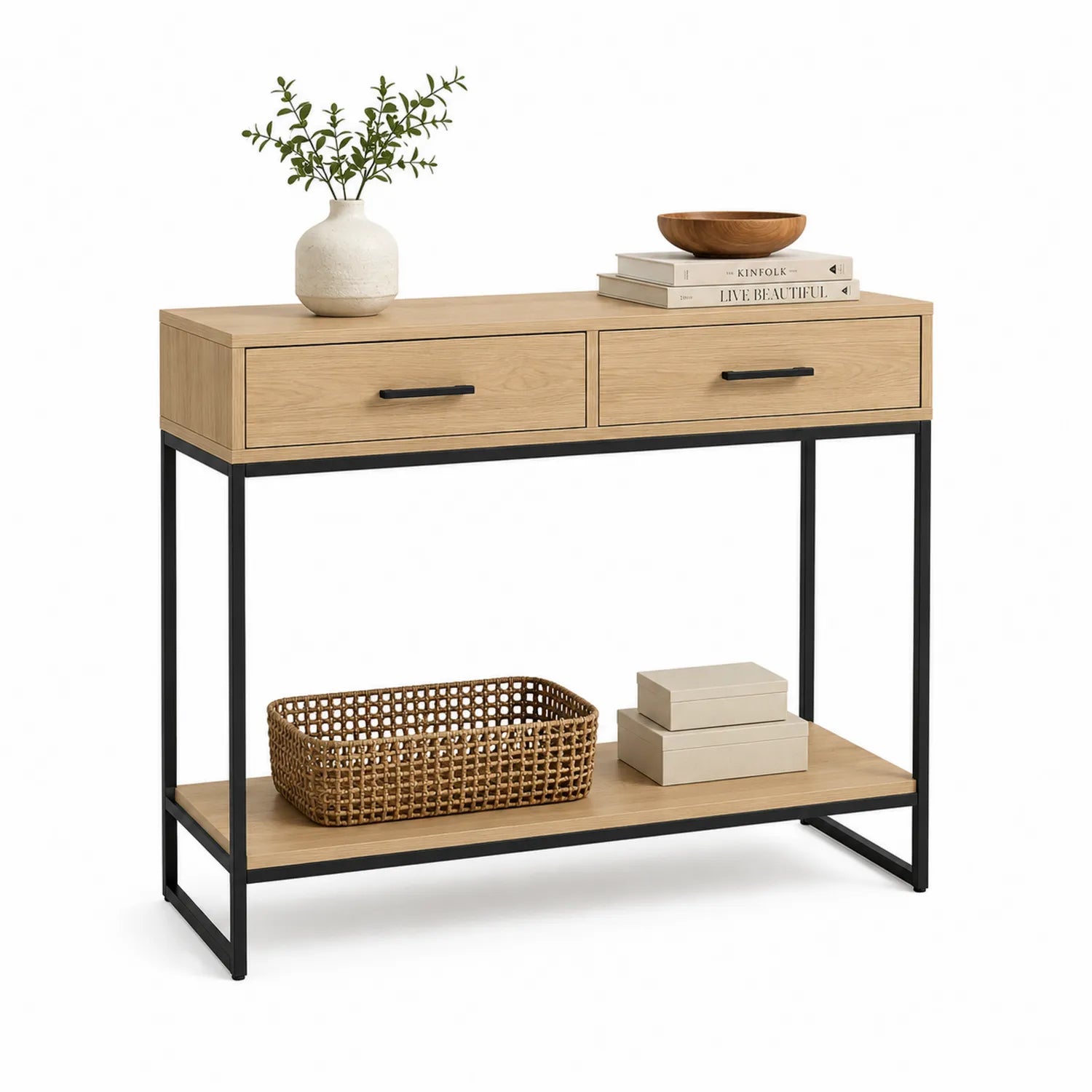Konsola prostokątna 120 x 35 x 80 cm z płyty MDF w kolorze dębu naturalnego z czarną stalową ramą
