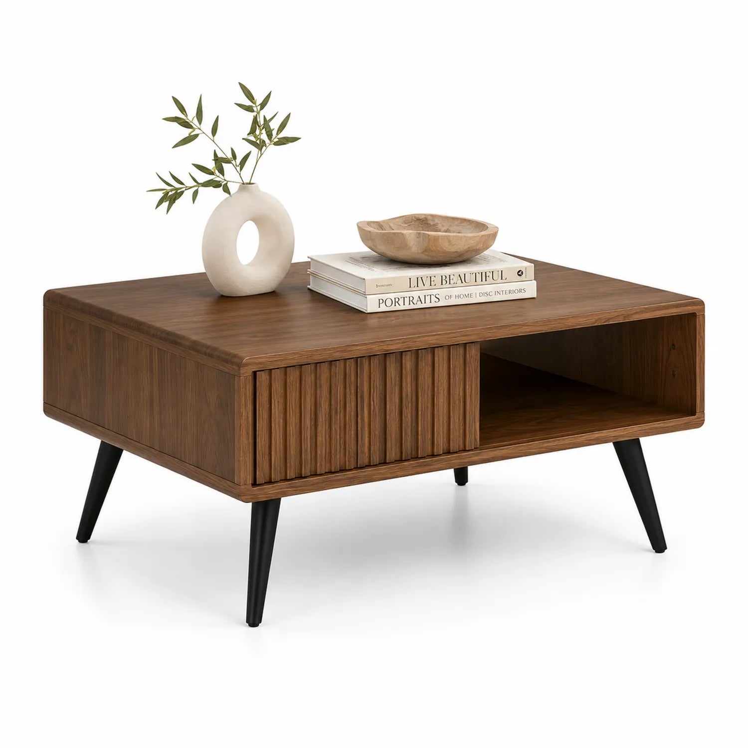 Stolik kawowy 110 x 55 x 45 cm MDF dekor orzecha z szufladą i półką czarne metalowe nogi