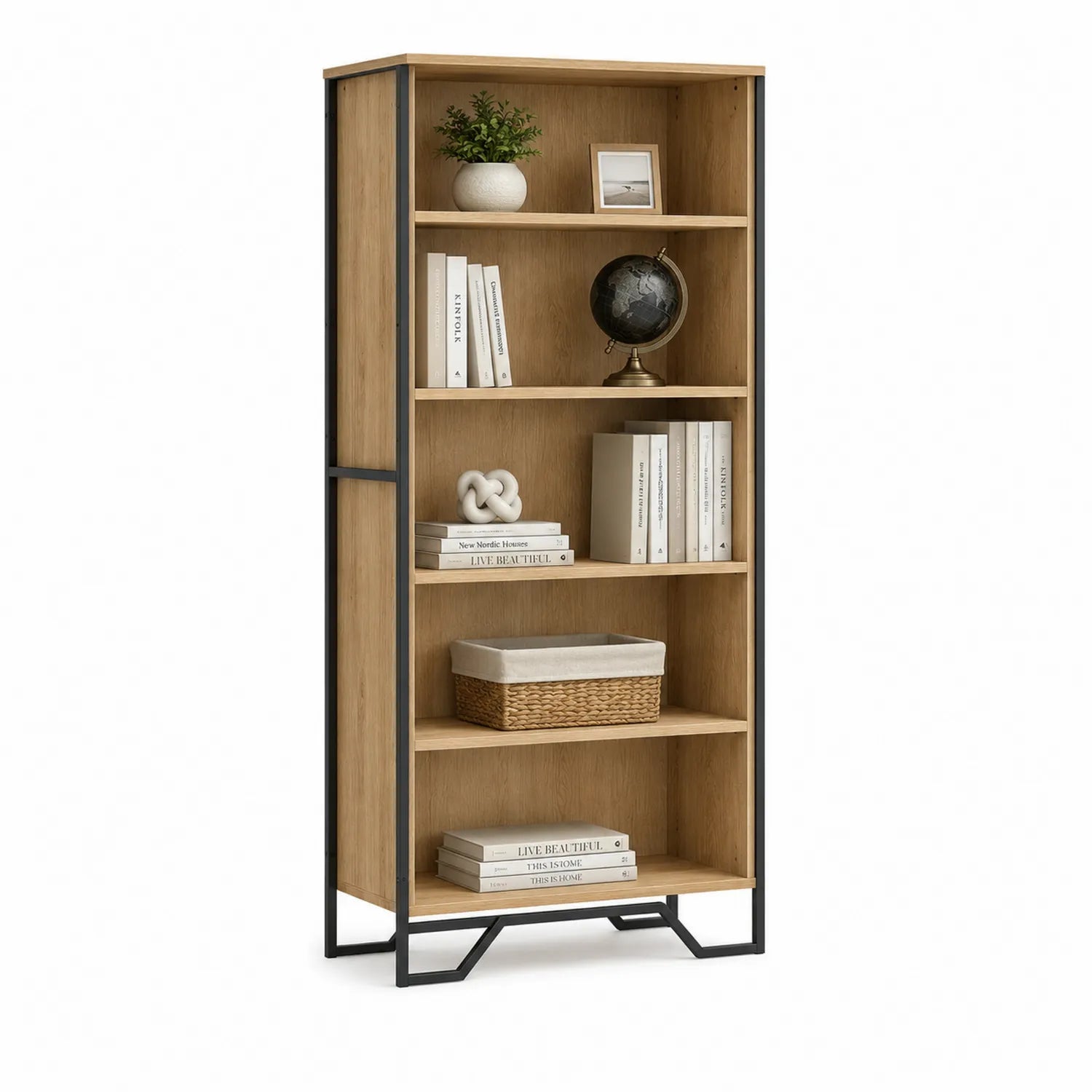 Regał do salonu 80 cm x 30 cm x 180 cm MDF laminowany stalowa rama otwarte półki dąb czarny
