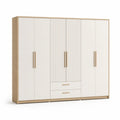 Szafa 6 drzwi 220 cm x 55 cm x 200 cm płyta MDF laminowana dąb beżowy biały fronty ryflowane szuflady
