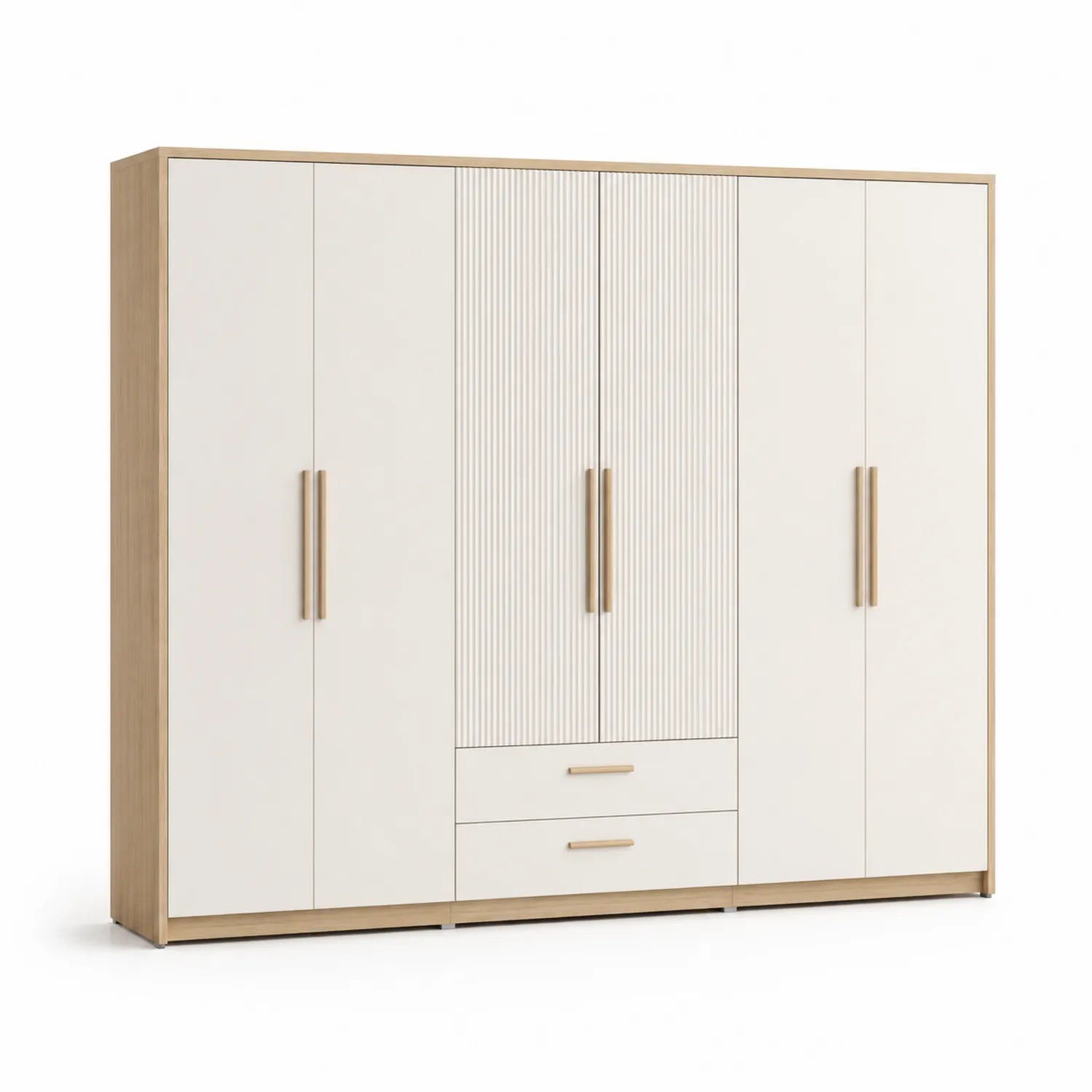 Szafa 6 drzwi 220 cm x 55 cm x 200 cm płyta MDF laminowana dąb beżowy biały fronty ryflowane szuflady