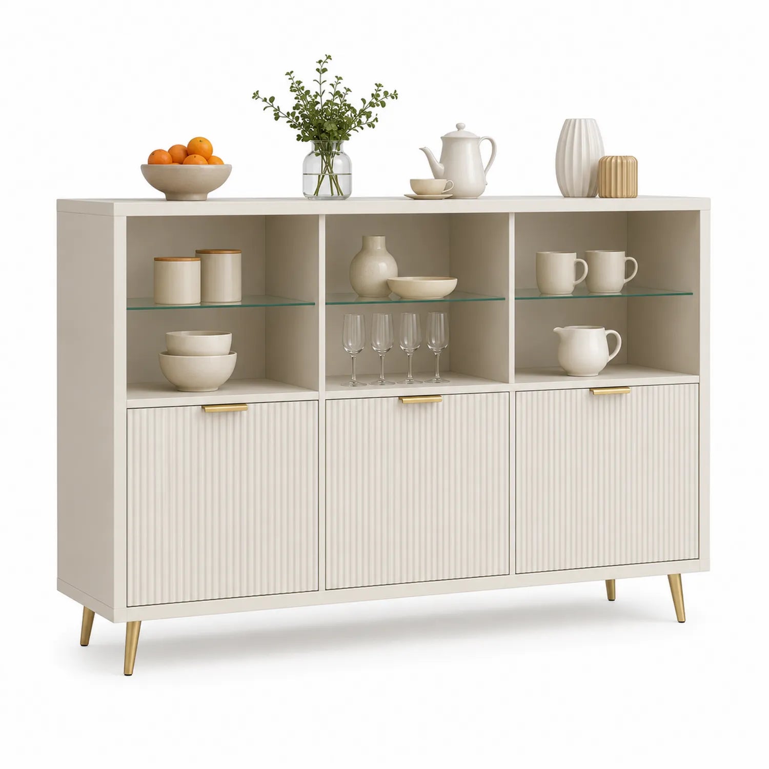 Kredens do jadalni prostokątny 160 x 40 x 85 cm z MDF kremowy z ryflowanymi frontami szklanymi półkami i złotymi metalowymi nogami