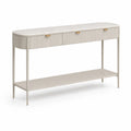 Konsola 140 cm x 35 cm x 80 cm MDF beżowa metalowa konstrukcja złote uchwyty szuflady i półka otwarta
