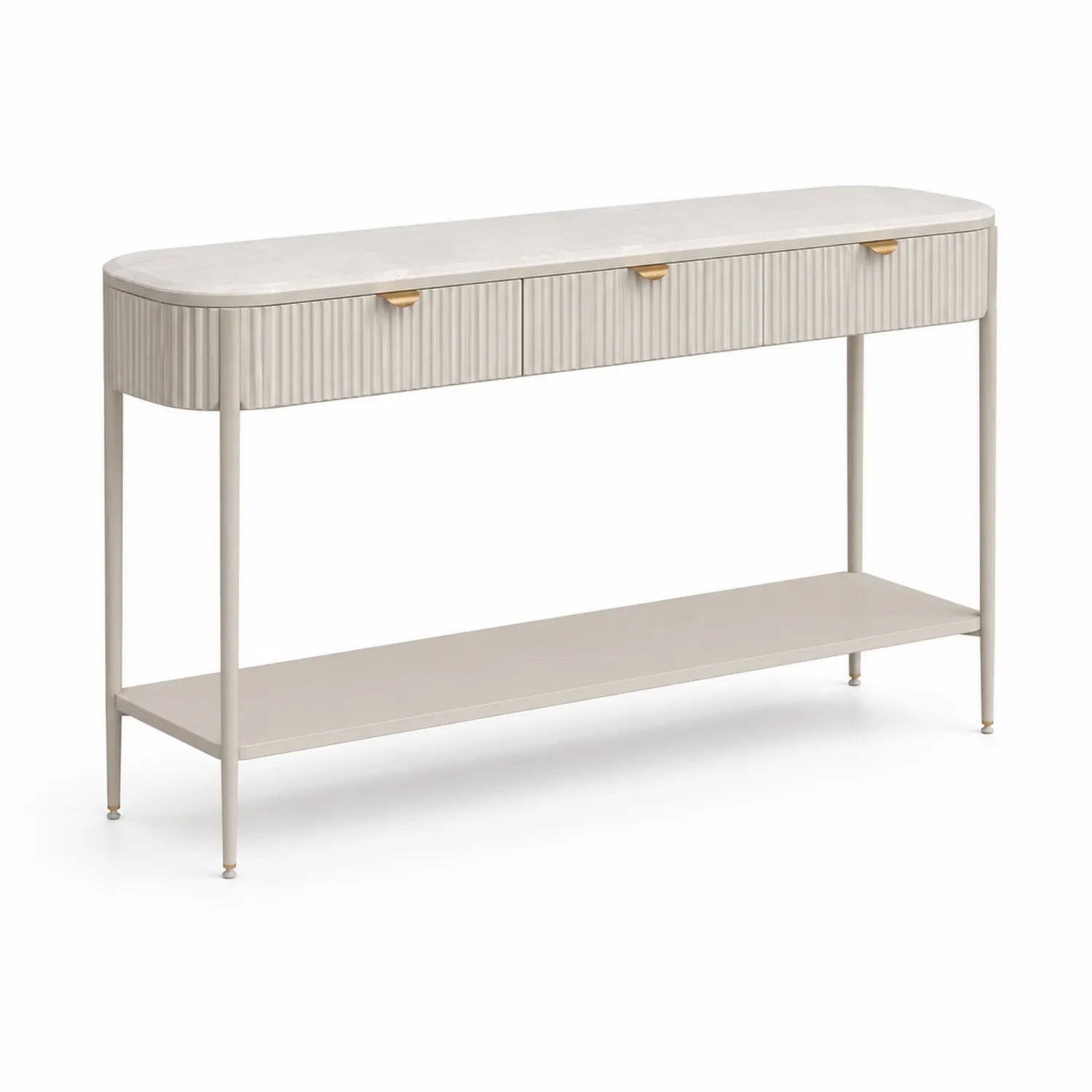 Konsola 140 cm x 35 cm x 80 cm MDF beżowa metalowa konstrukcja złote uchwyty szuflady i półka otwarta