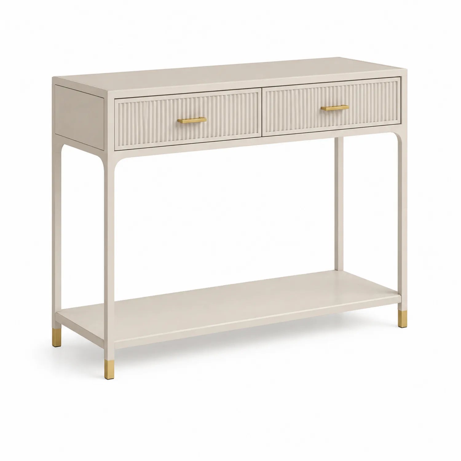Konsola do przedpokoju 80 cm MDF metal beżowa z dwoma szufladami ryflowane fronty złote uchwyty dolna półka szerokość 80 cm wysokość 80 cm głębokość 30 cm