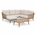 Zestaw mebli ogrodowych sofa narożna z szezlongiem i stolikiem aluminiowa rama plecionka linowa beżowo taupe