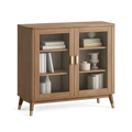 Kredens do jadalni 120 cm x 40 cm x 85 cm MDF okleina drewno naturalne przeszklone drzwi złote uchwyty