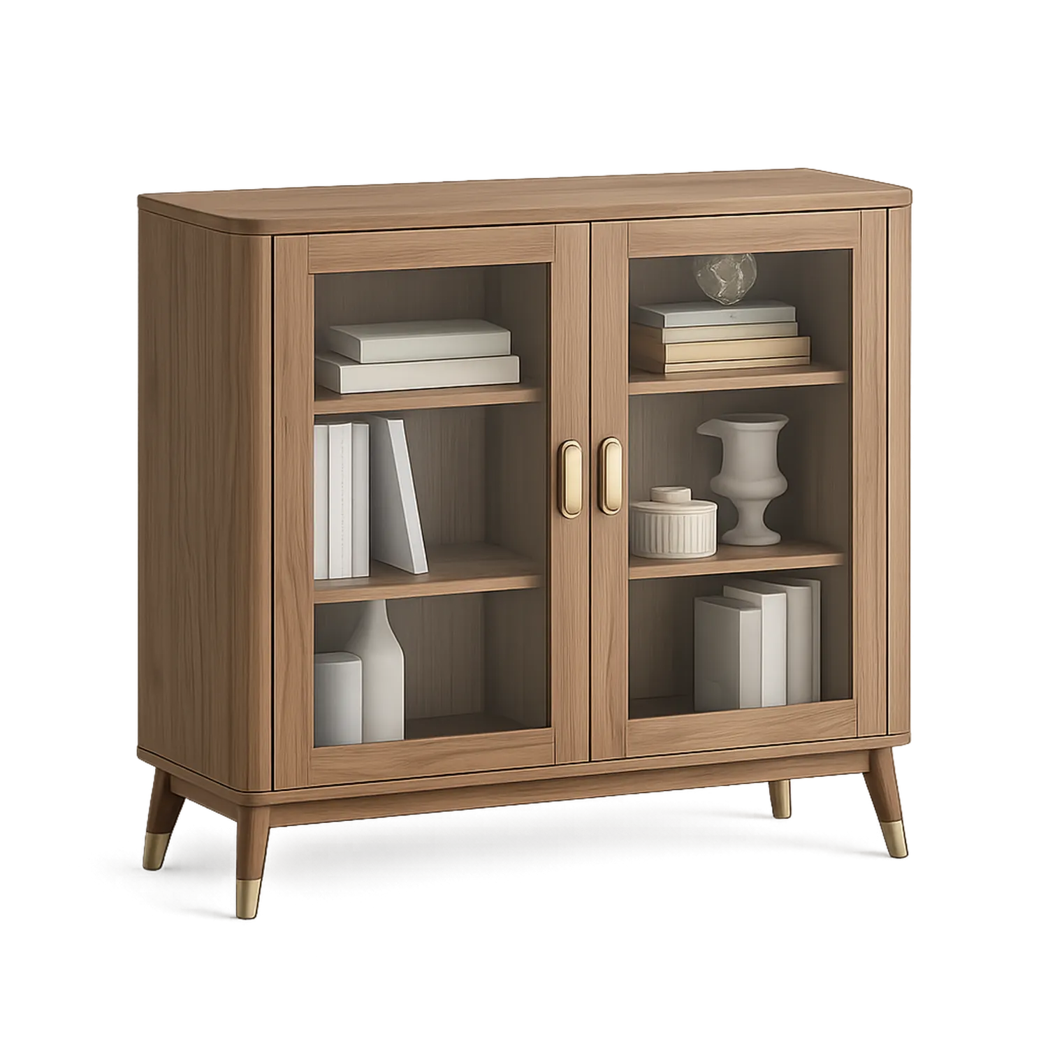 Kredens do jadalni 120 cm x 40 cm x 85 cm MDF okleina drewno naturalne przeszklone drzwi złote uchwyty