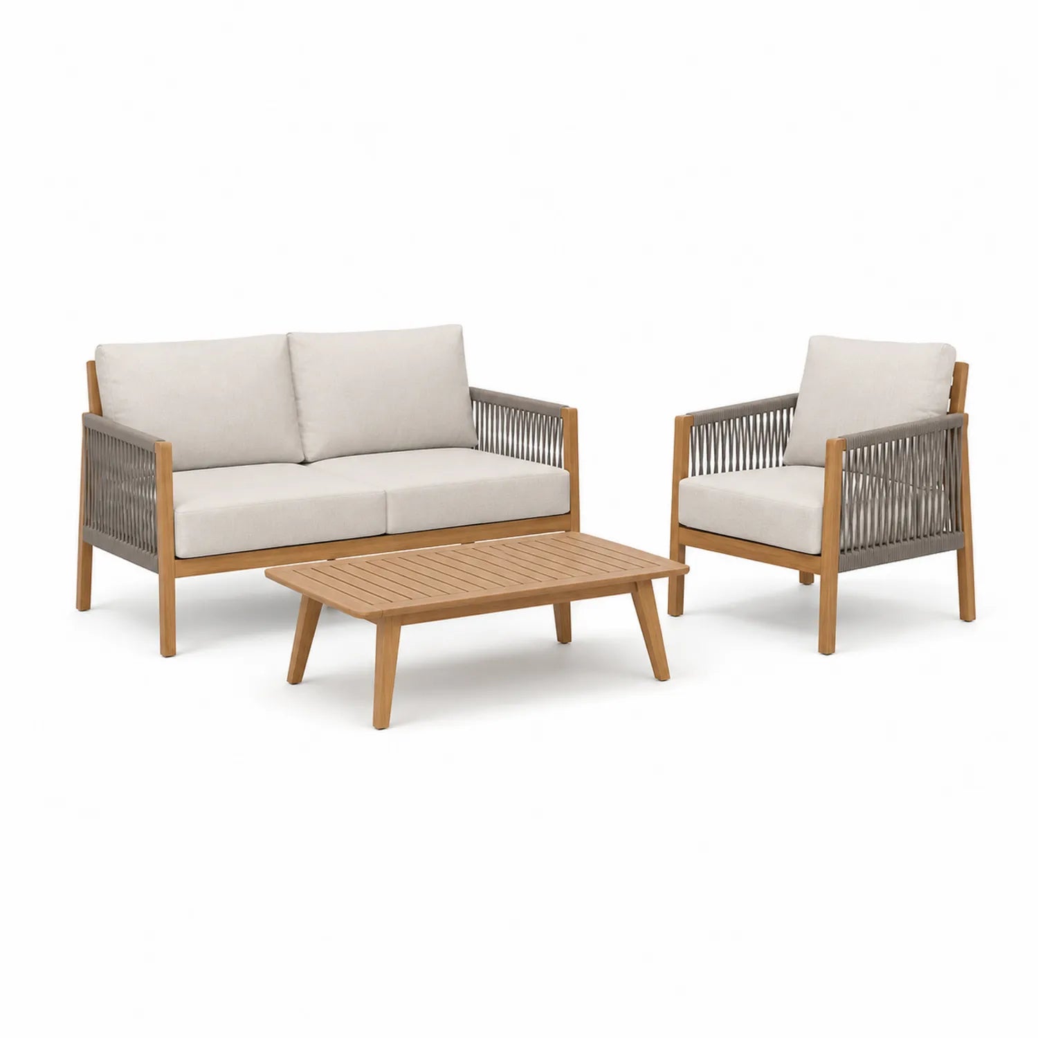 Zestaw mebli ogrodowych sofa dwuosobowa 150 cm fotel i stolik drewno akacjowe aluminium lina syntetyczna beżowy szary naturalne drewno