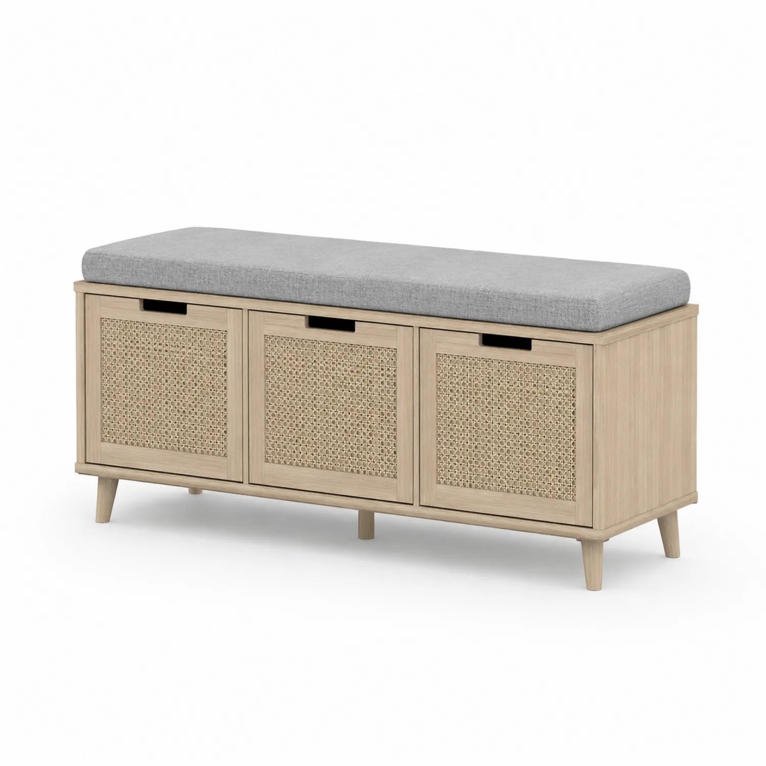 Szafka na buty z siedziskiem 100 cm 50 cm 35 cm MDF dąb naturalny fronty rattanowe trzy klapy szary tapicerowany blat